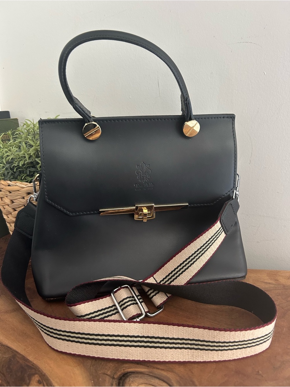 Vera Pelle Black Leather Top-Handle Crossbody Bag Purse Made in Italy